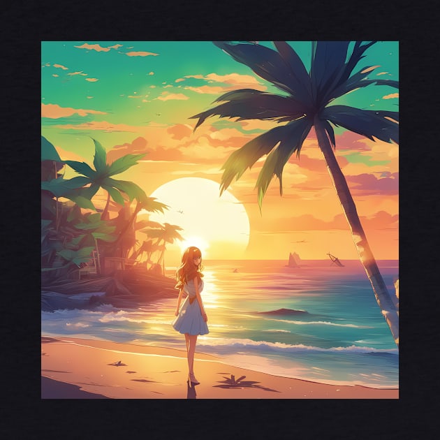 Hot Anime Girl Dream Sunset with Coconut Tree by animegirlnft